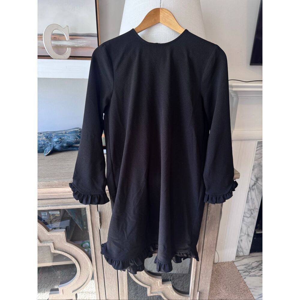 GANNI Clark Ruffle Trim Crepe Long Sleeve Mini Shift Dress Black Size 36/ 4